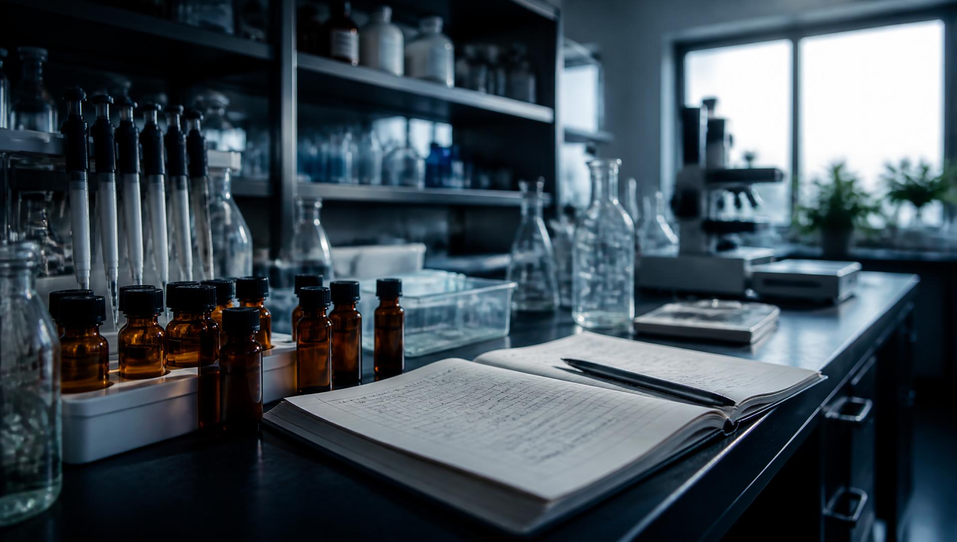 Laboratory bench with amber vials, pipettes, and an open research notebook